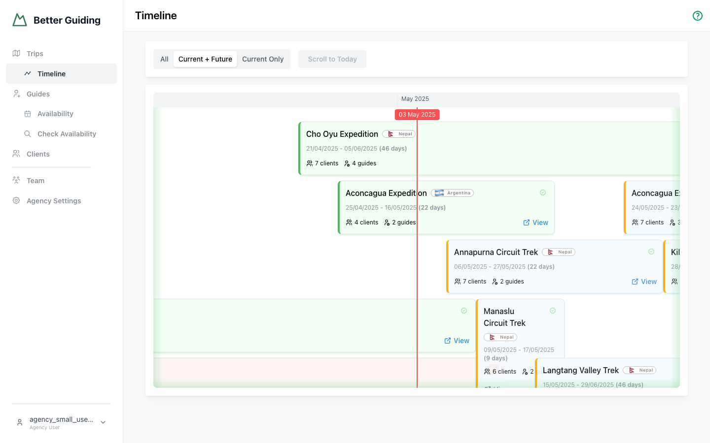 Better Guiding timeline view showing upcoming trips